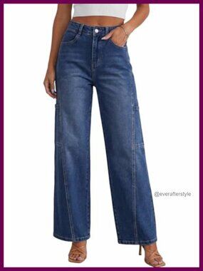 High Waisted Baggy Wide Leg Cargo Jeans Soft Cotton Blend Loose Denim Pants